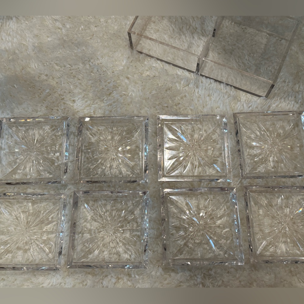 8 Lucite Vintage Coasters Dek-o-Coasters Genuine Duracite Starburst with Case.